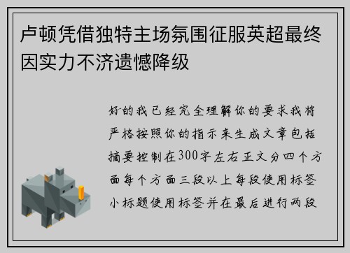 卢顿凭借独特主场氛围征服英超最终因实力不济遗憾降级 卢顿凭借独特主场氛围征服英超最终因实力不济遗憾降级